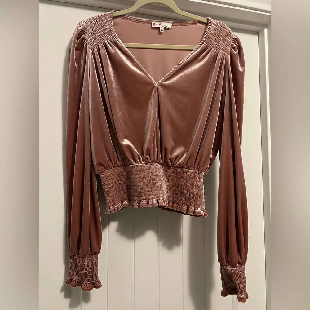 Velvet Smocked Puff Sleeve Top Blush Pink Romantic Y2K Style Size L Coquette